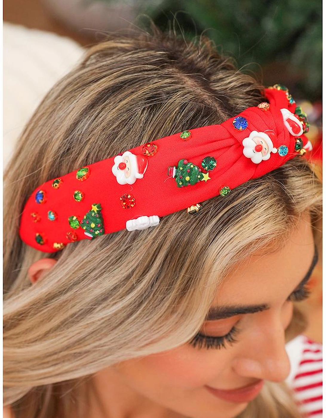 Azura Exchange Fiery Red Cartoon Christmas Pattern Rhinestone Knotted Headband