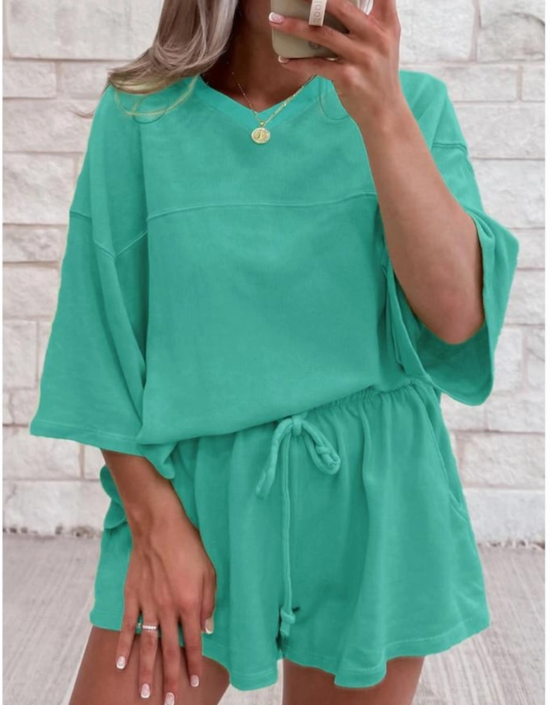 Sea Green Solid Loose V Neck Half Sleeve Tee and Shorts