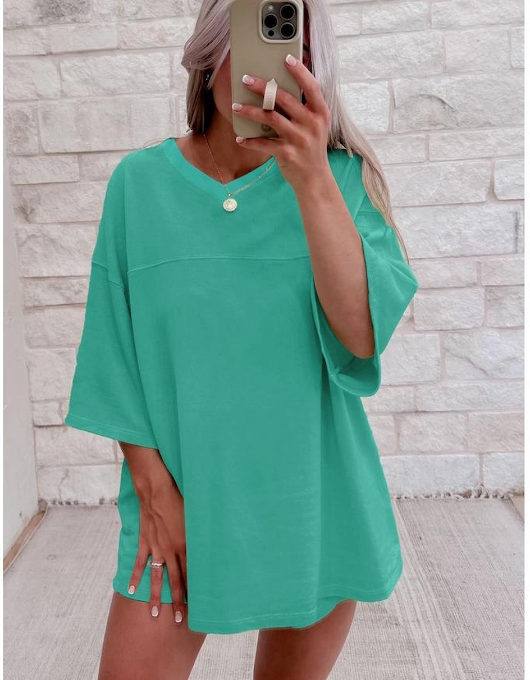Sea Green Solid Loose V Neck Half Sleeve Tee and Shorts, 4 of 3