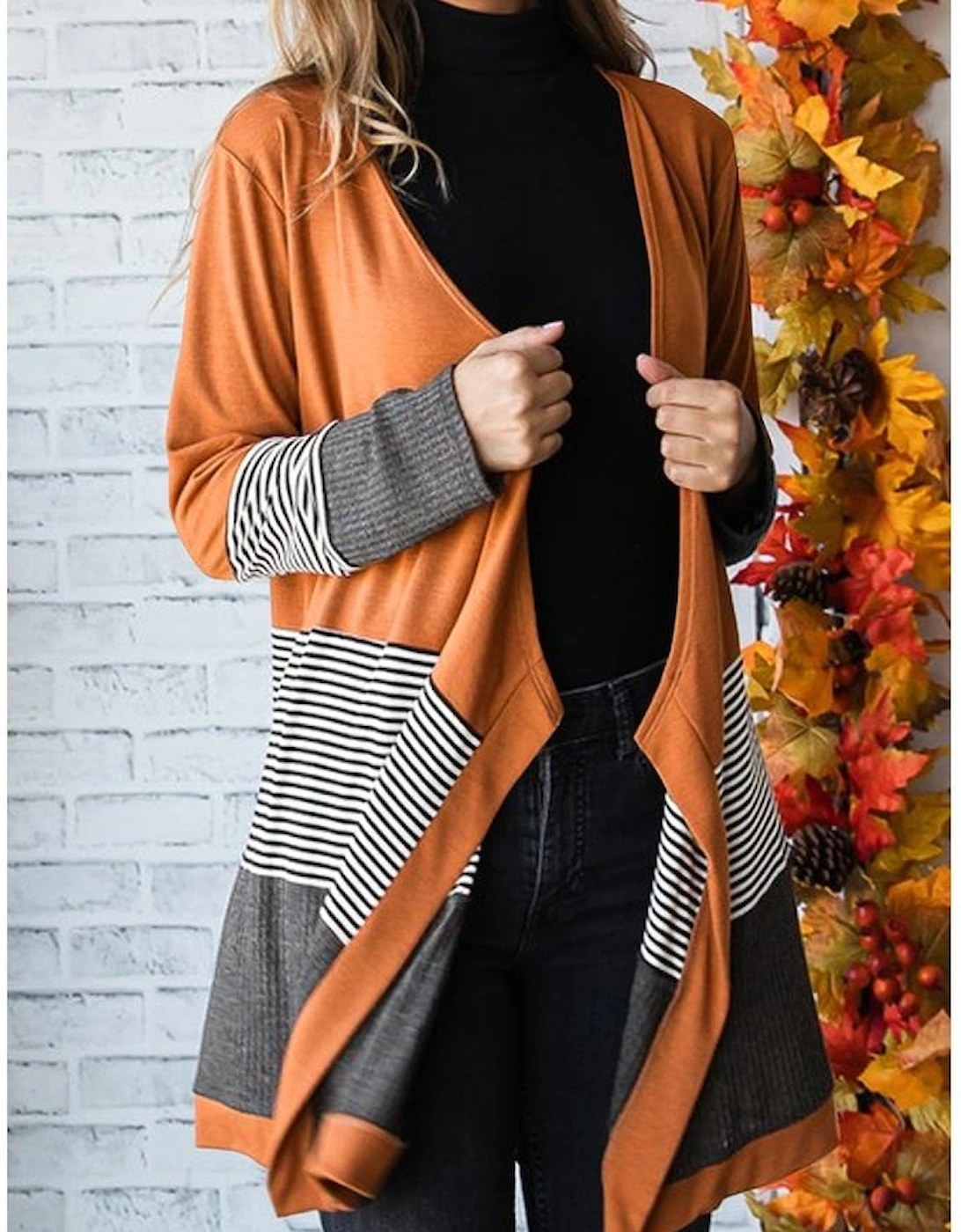 Orange Colorblock Striped Patchwork Open Cardigan, 8 of 7