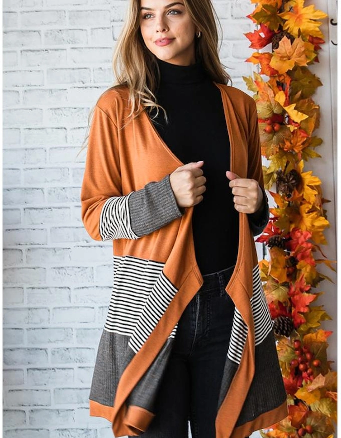 Orange Colorblock Striped Patchwork Open Cardigan