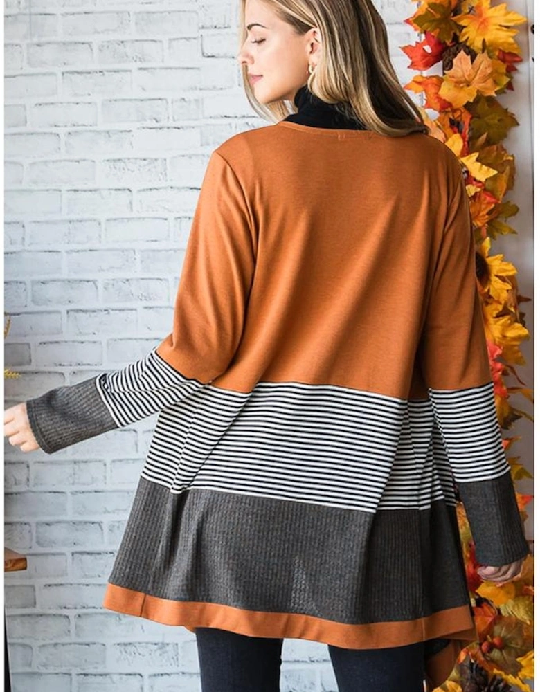 Orange Colorblock Striped Patchwork Open Cardigan