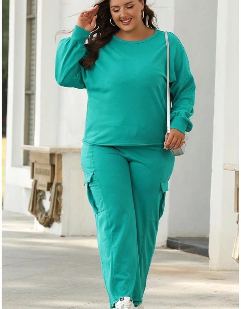 Solid Color Pullover Top and Cargo Pants Set