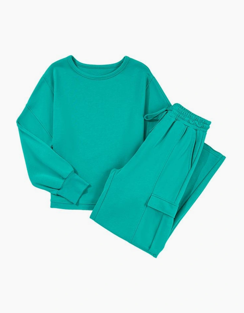 Solid Color Pullover Top and Cargo Pants Set