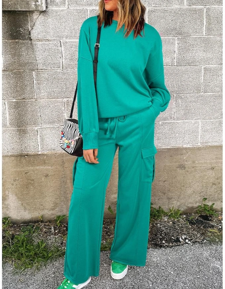 Solid Color Pullover Top and Cargo Pants Set
