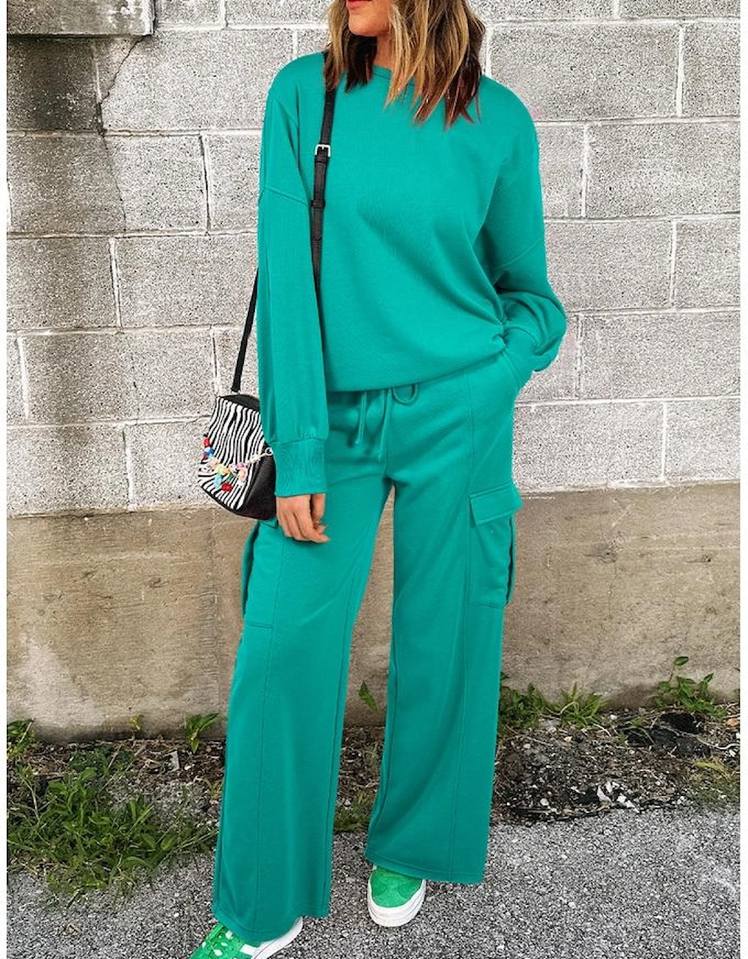 Solid Color Pullover Top and Cargo Pants Set