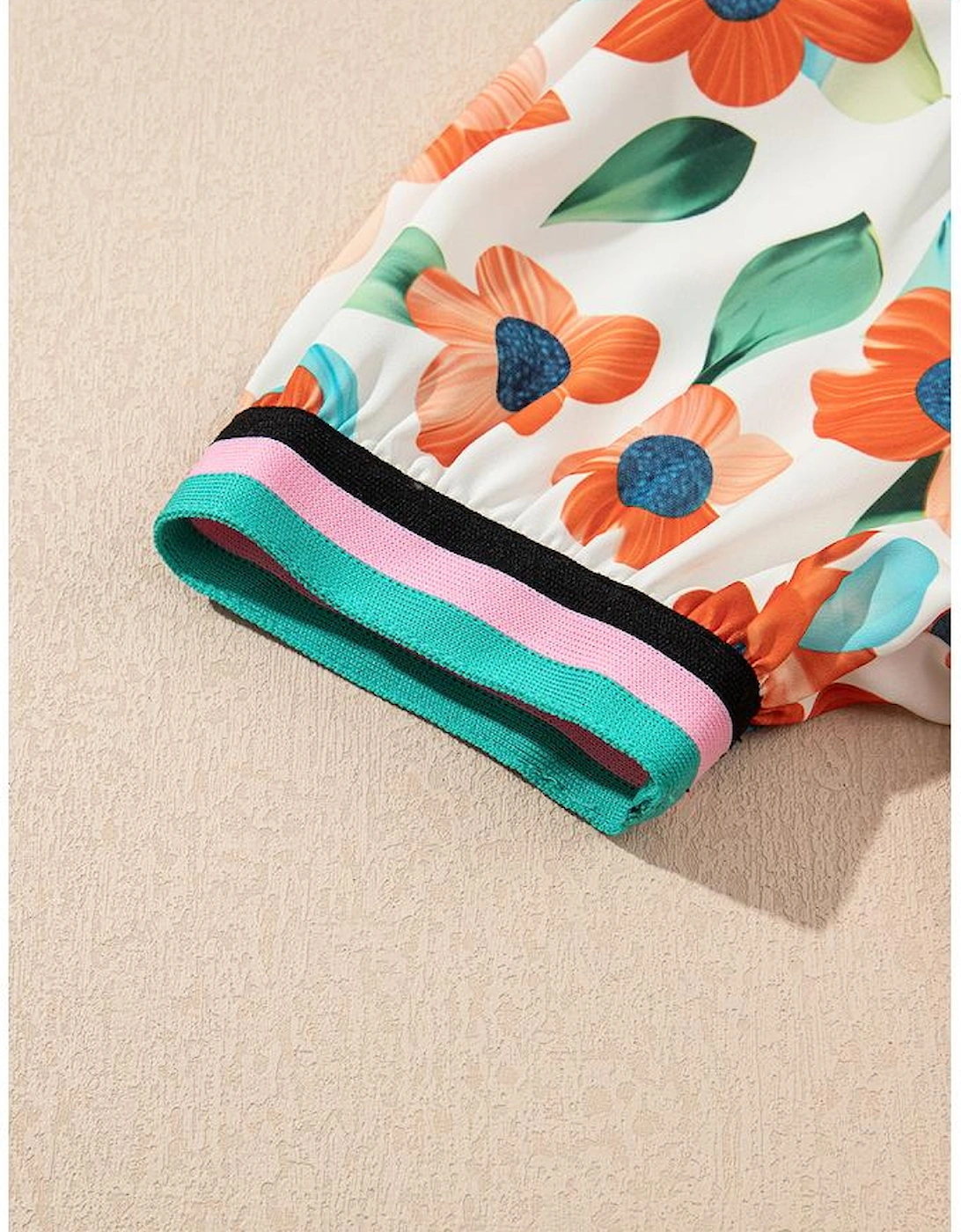 Orange Contrast Trim Floral Split Neck Puff Short Sleeve Tiered Mini Dress