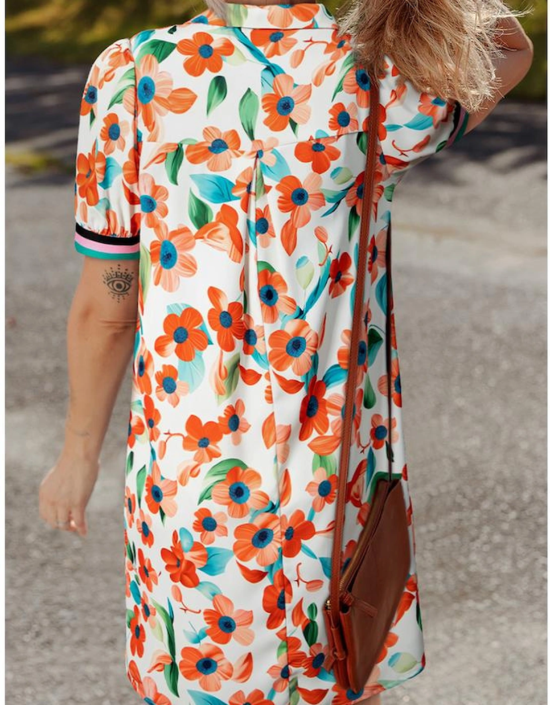 Orange Contrast Trim Floral Split Neck Puff Short Sleeve Tiered Mini Dress, 10 of 9