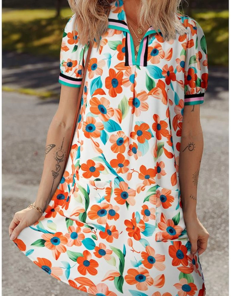 Orange Contrast Trim Floral Split Neck Puff Short Sleeve Tiered Mini Dress