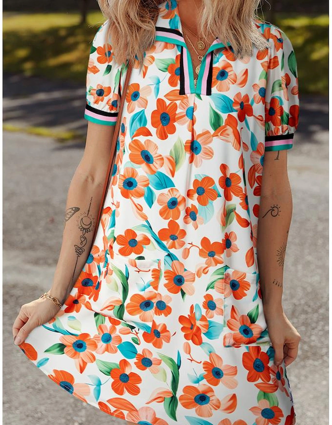 Orange Contrast Trim Floral Split Neck Puff Short Sleeve Tiered Mini Dress