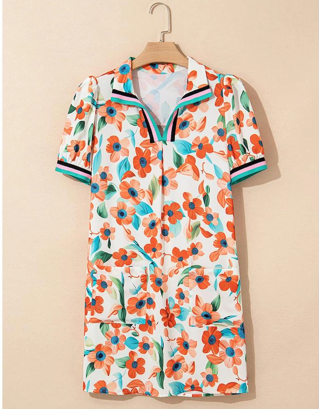 Orange Contrast Trim Floral Split Neck Puff Short Sleeve Tiered Mini Dress