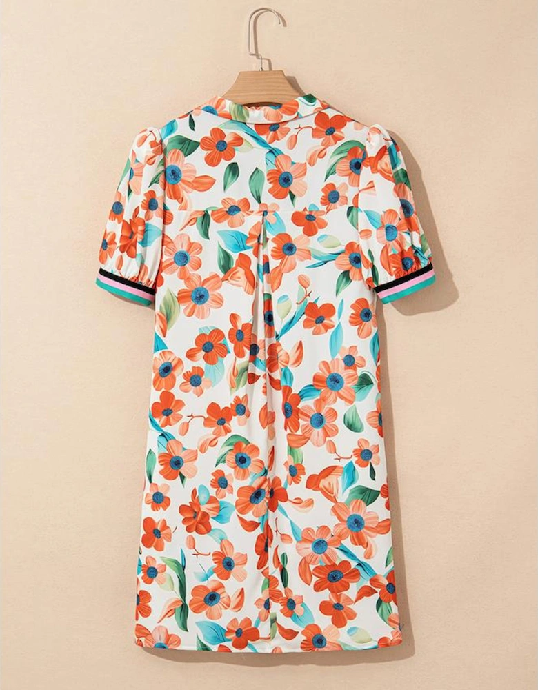 Orange Contrast Trim Floral Split Neck Puff Short Sleeve Tiered Mini Dress