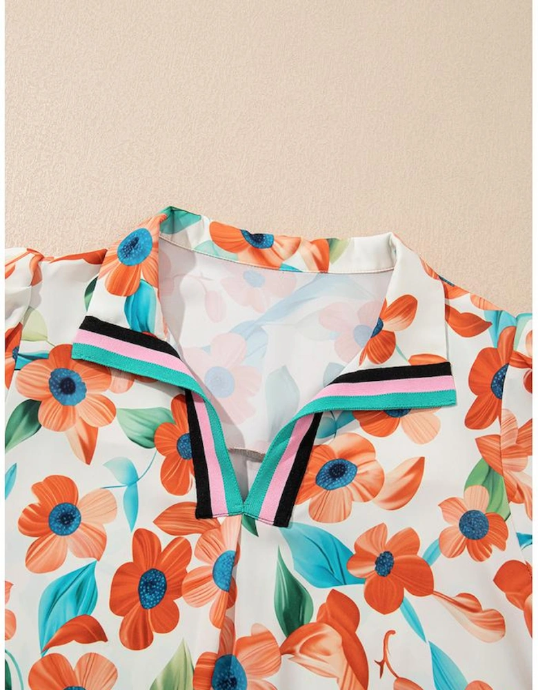 Orange Contrast Trim Floral Split Neck Puff Short Sleeve Tiered Mini Dress