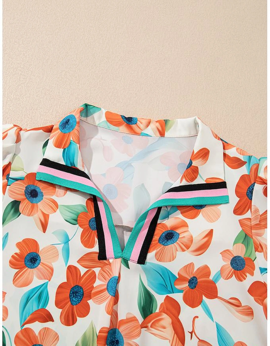 Orange Contrast Trim Floral Split Neck Puff Short Sleeve Tiered Mini Dress