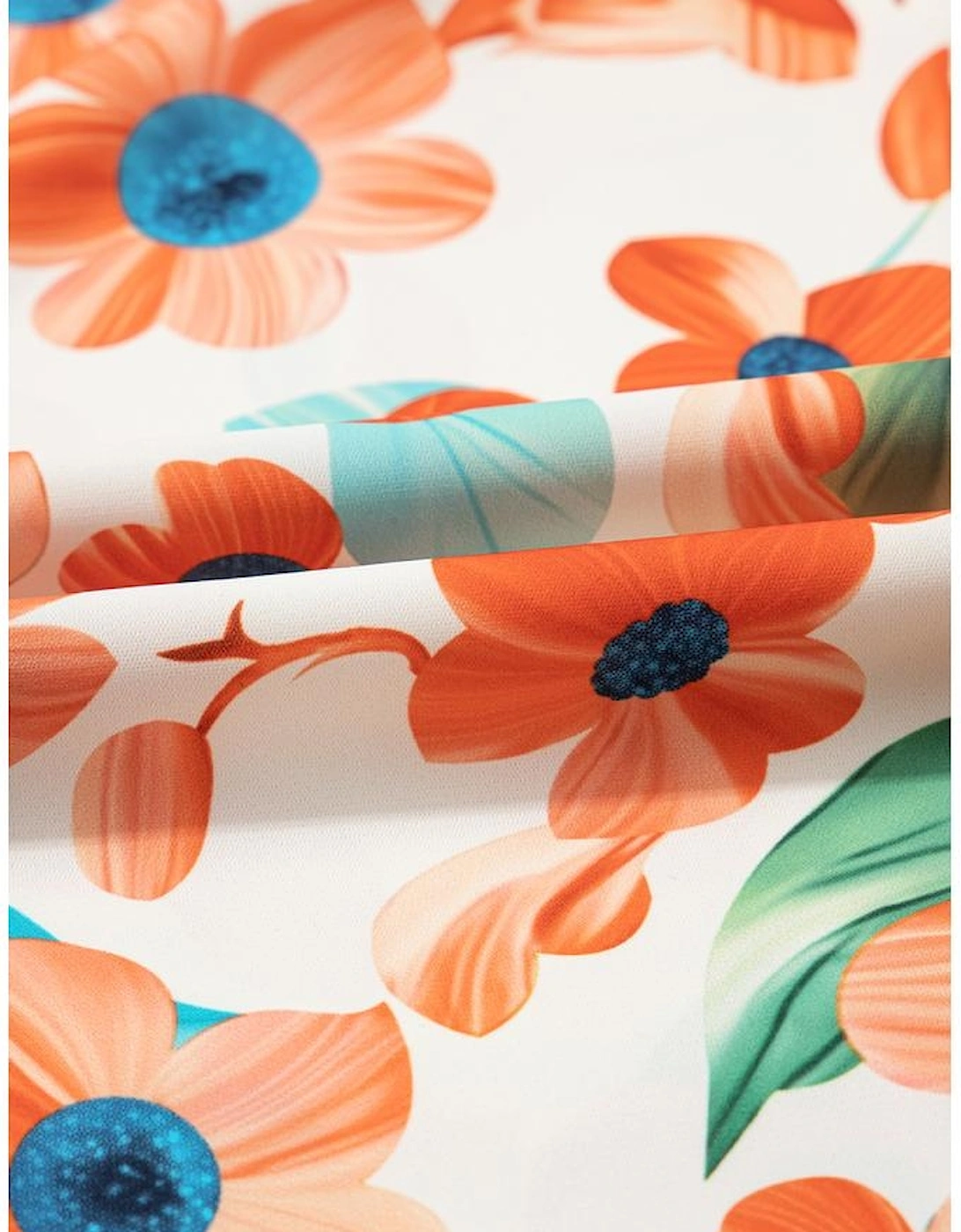 Orange Contrast Trim Floral Split Neck Puff Short Sleeve Tiered Mini Dress