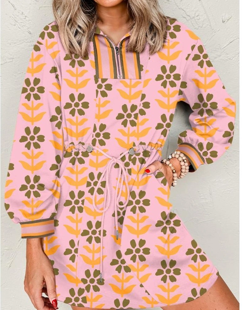 Pink Floral Print Zip Neck Striped Patchwork Long Sleeve Drawstring Dress