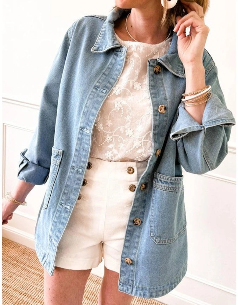 Dusk Blue Slit Buttons Pocketed Denim Jacket
