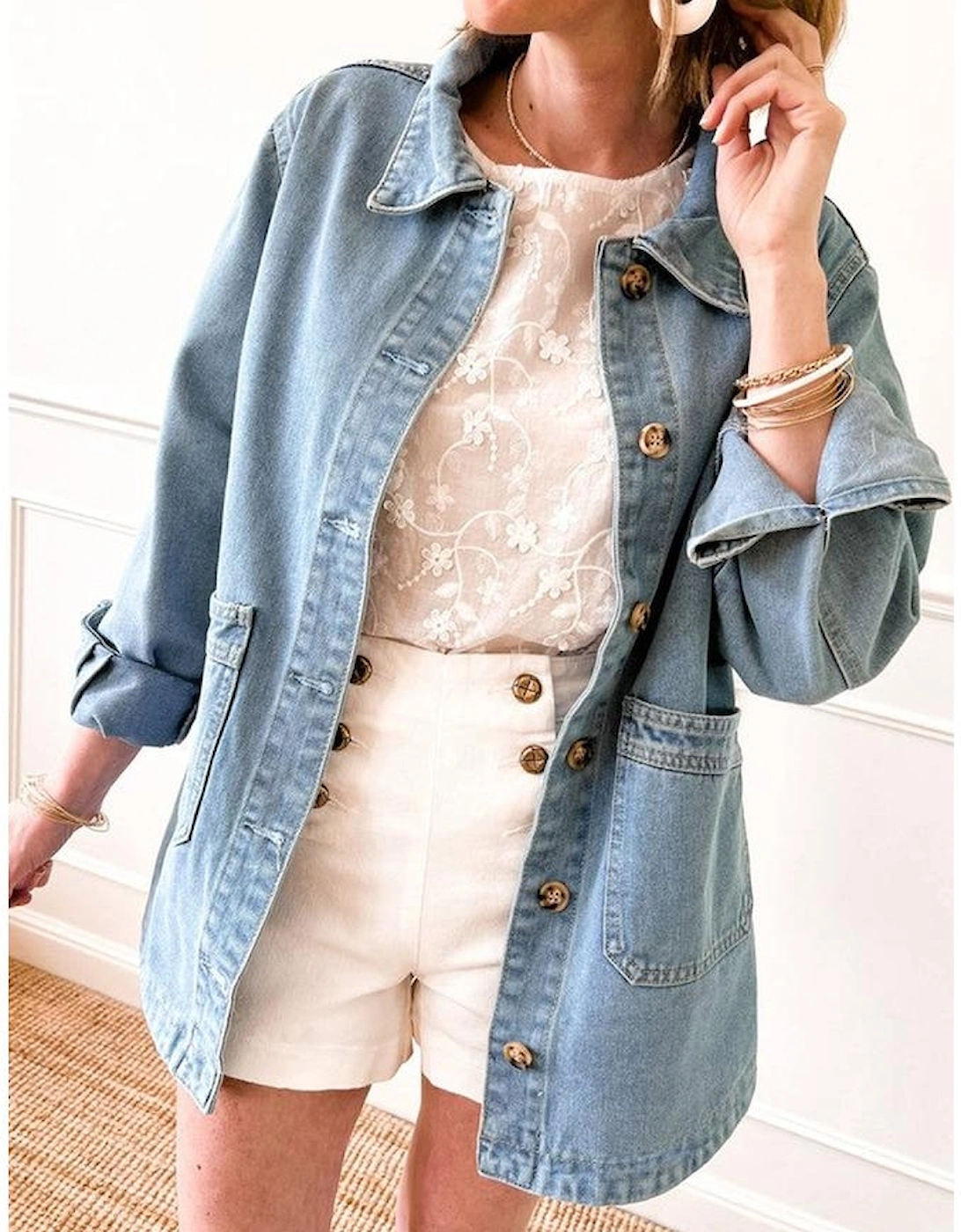 Dusk Blue Slit Buttons Pocketed Denim Jacket