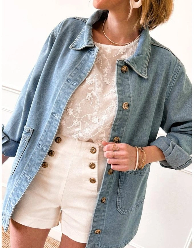 Dusk Blue Slit Buttons Pocketed Denim Jacket