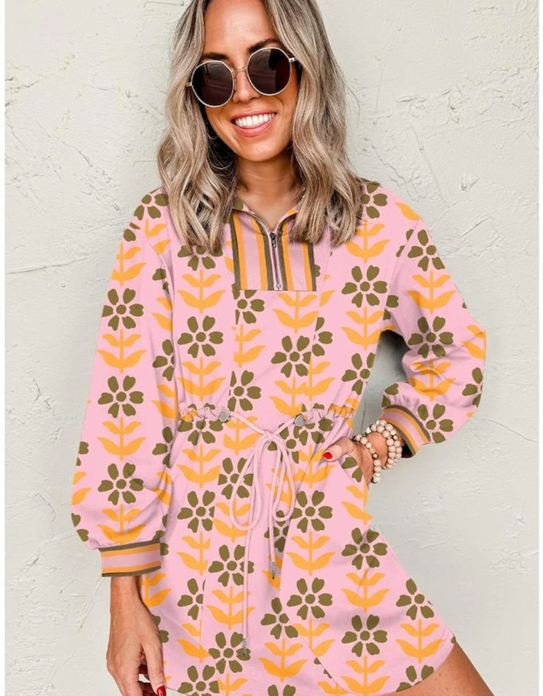 Pink Floral Print Zip Neck Striped Patchwork Long Sleeve Drawstring Dress