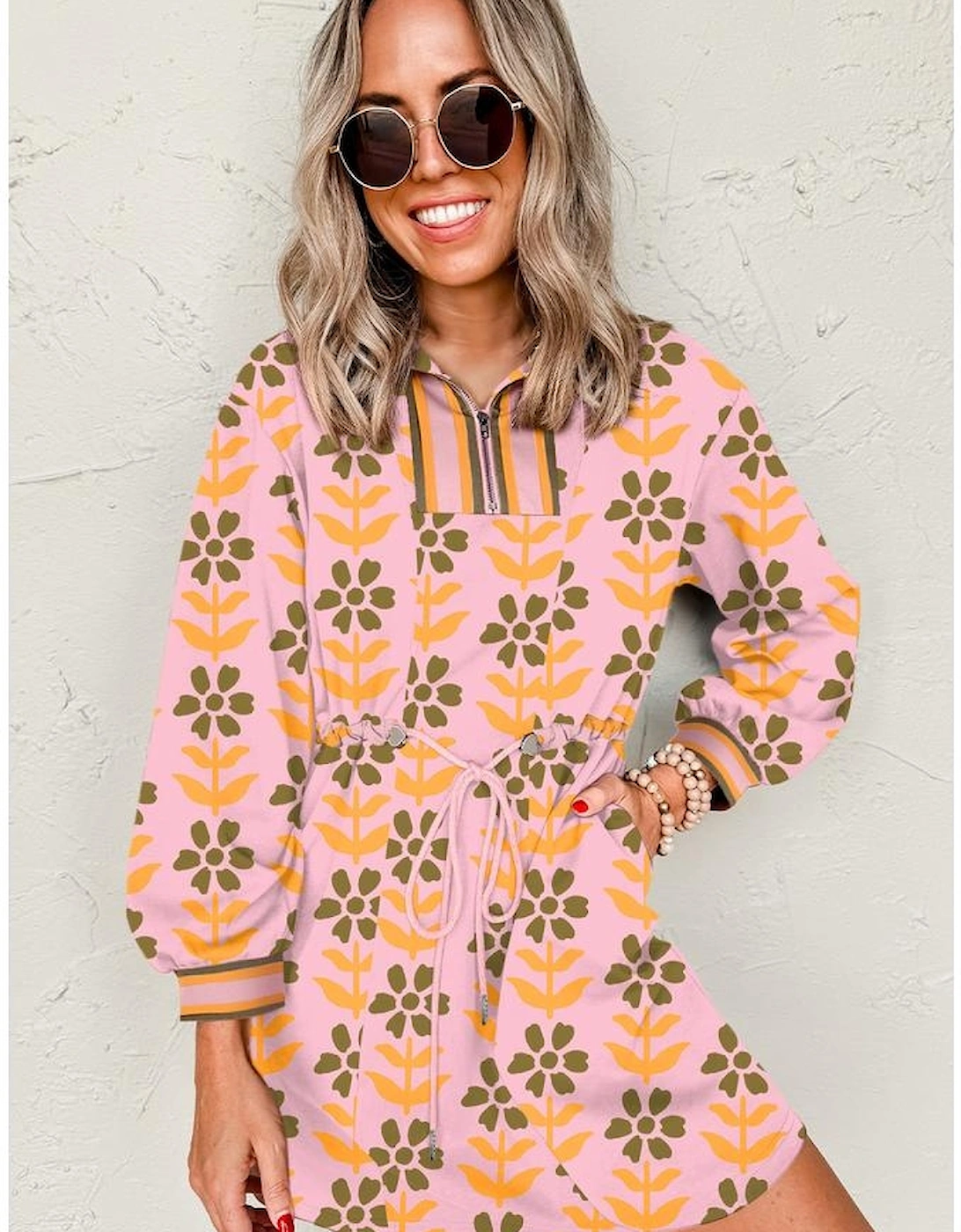 Pink Floral Print Zip Neck Striped Patchwork Long Sleeve Drawstring Dress, 3 of 2