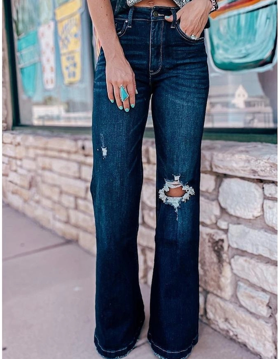 Real Teal High Rise Ripped Bell Bottom Jeans