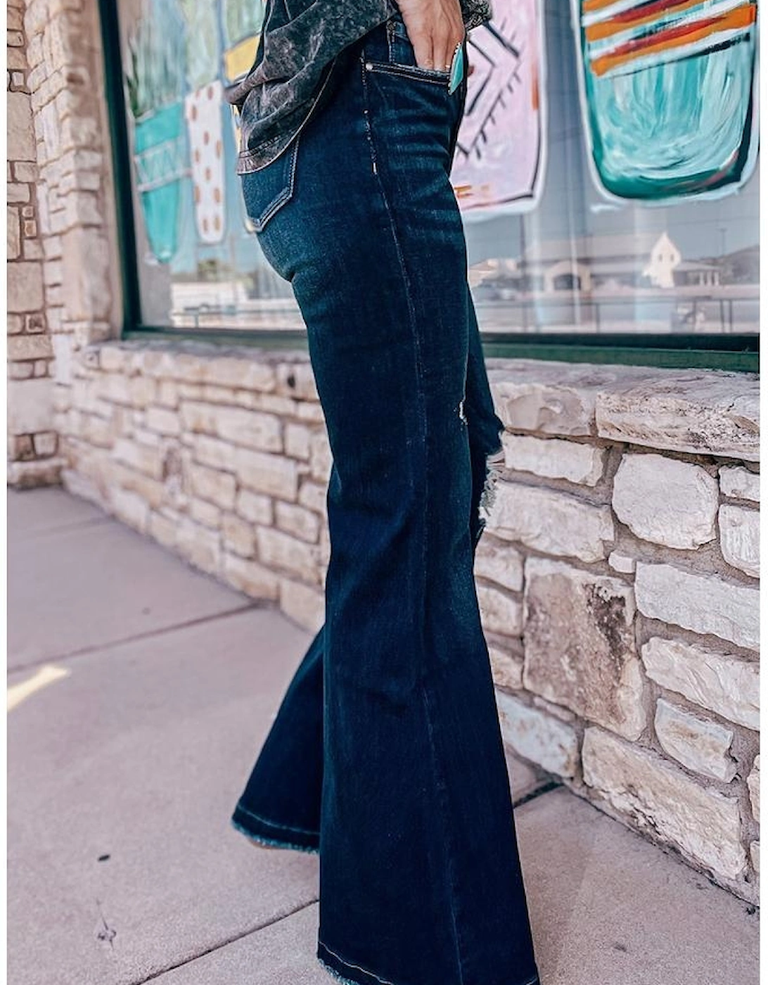 Real Teal High Rise Ripped Bell Bottom Jeans
