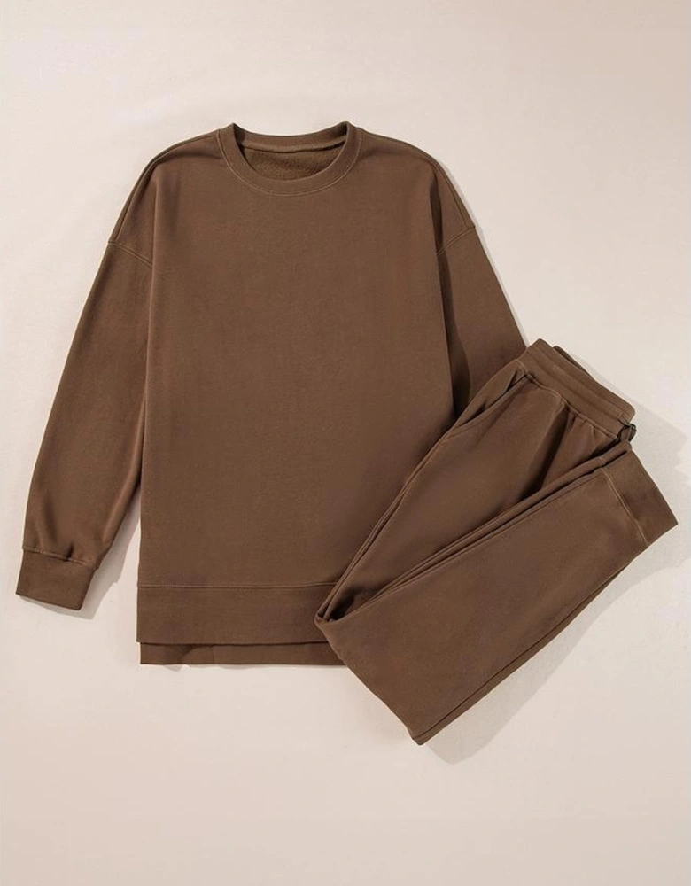 Coffee Solid Color High Low Pullover and Skinny Pants Set