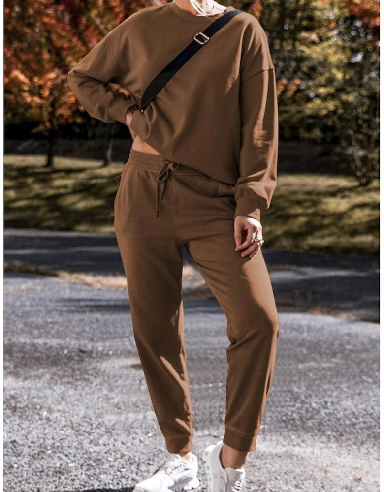 Coffee Solid Color High Low Pullover and Skinny Pants Set