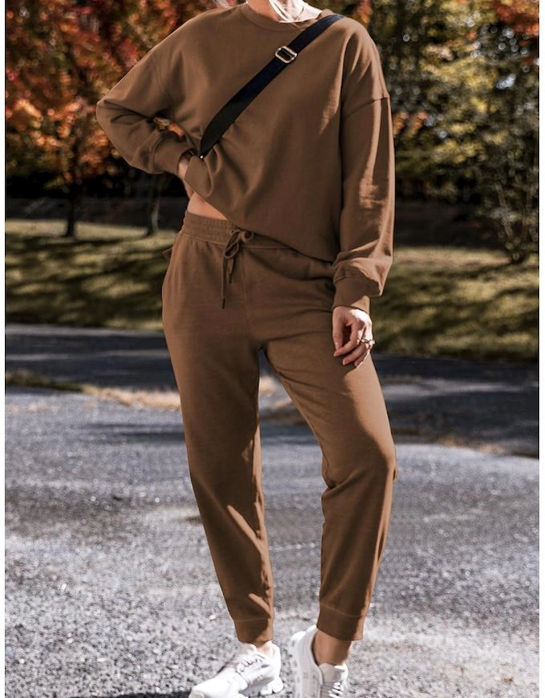 Coffee Solid Color High Low Pullover and Skinny Pants Set