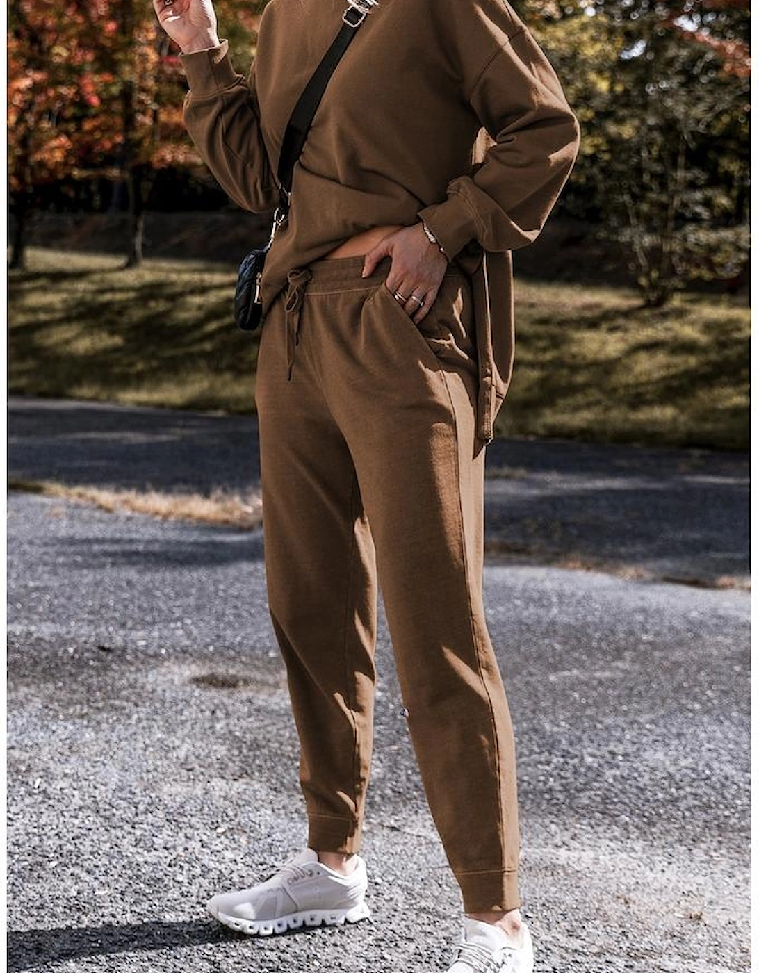 Coffee Solid Color High Low Pullover and Skinny Pants Set