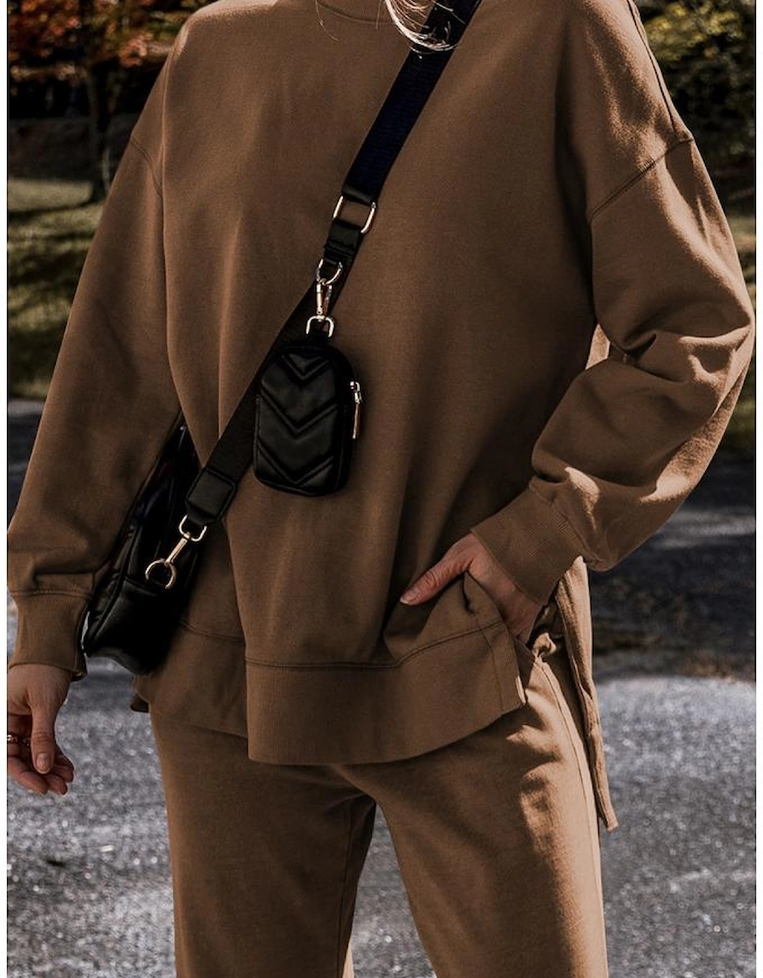 Coffee Solid Color High Low Pullover and Skinny Pants Set