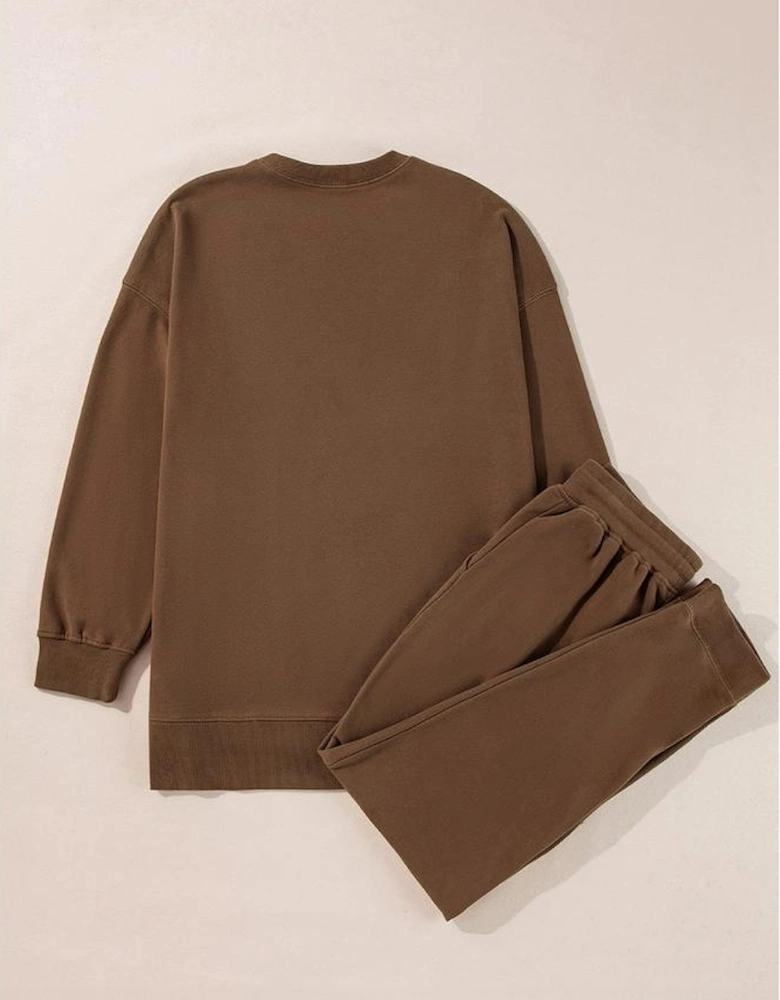 Coffee Solid Color High Low Pullover and Skinny Pants Set