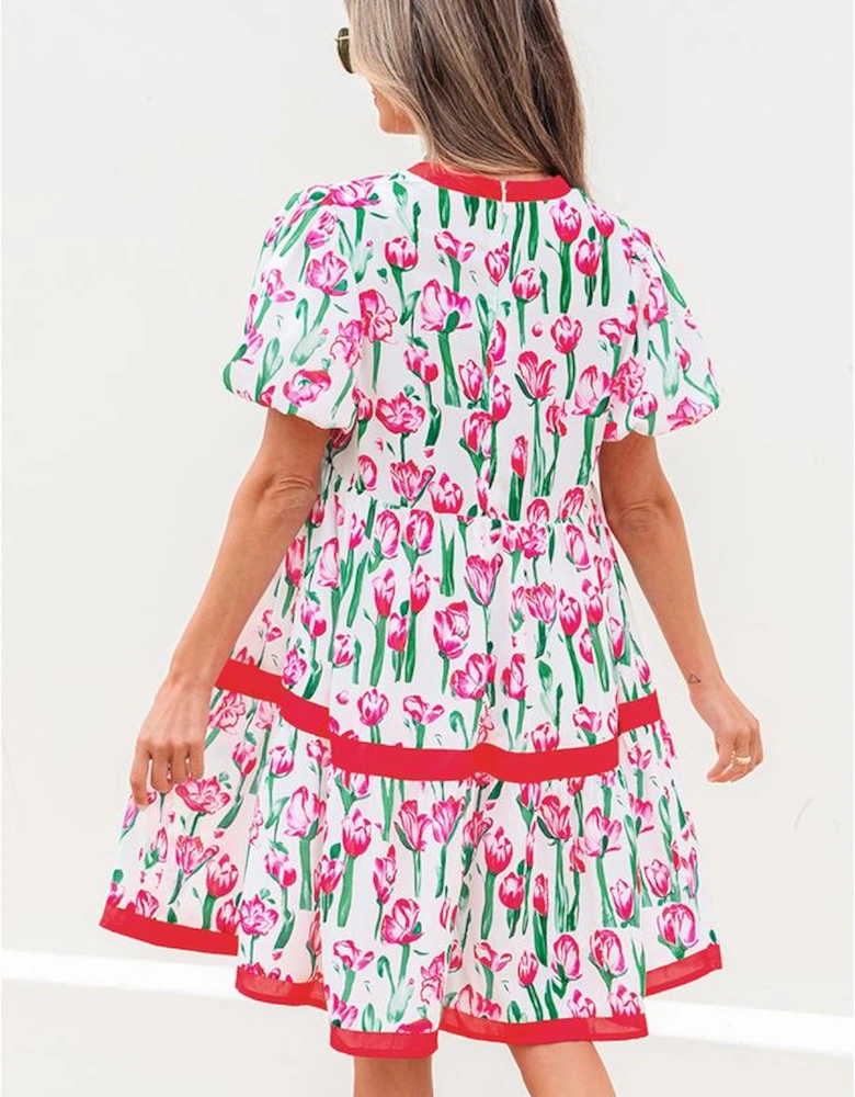 Pink Floral Print Contrast Trim V Neck Bubble Short Sleeve Babydoll Dress