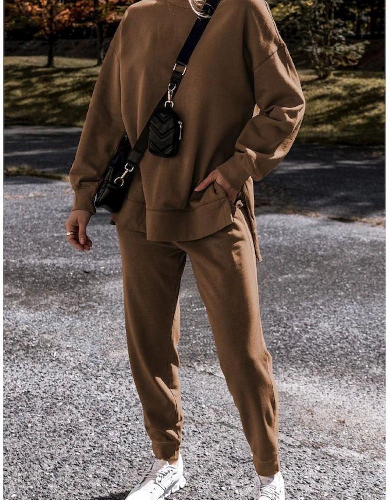 Coffee Solid Color High Low Pullover and Skinny Pants Set