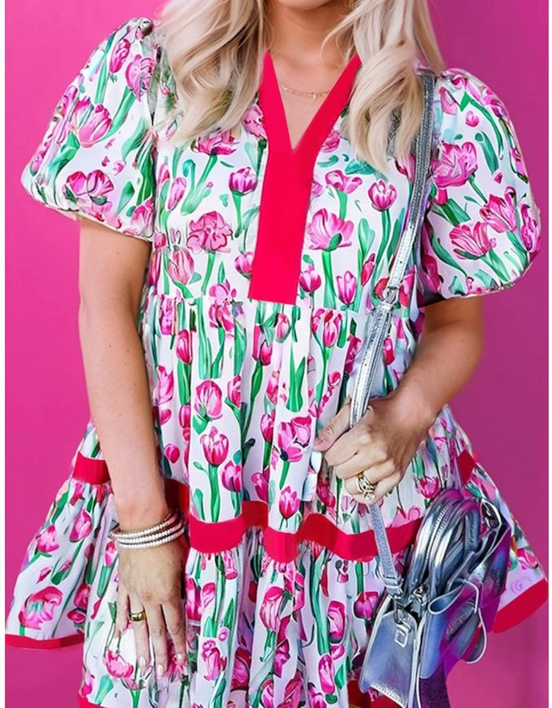 Pink Floral Print Contrast Trim V Neck Bubble Short Sleeve Babydoll Dress