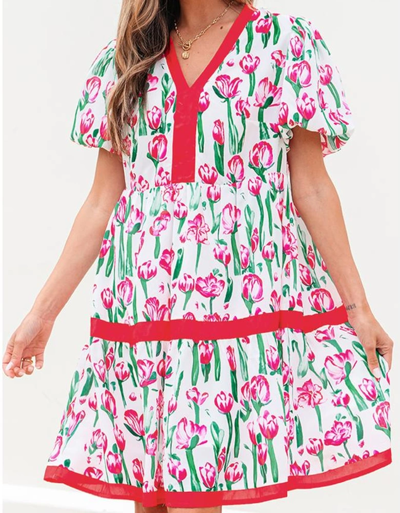 Pink Floral Print Contrast Trim V Neck Bubble Short Sleeve Babydoll Dress