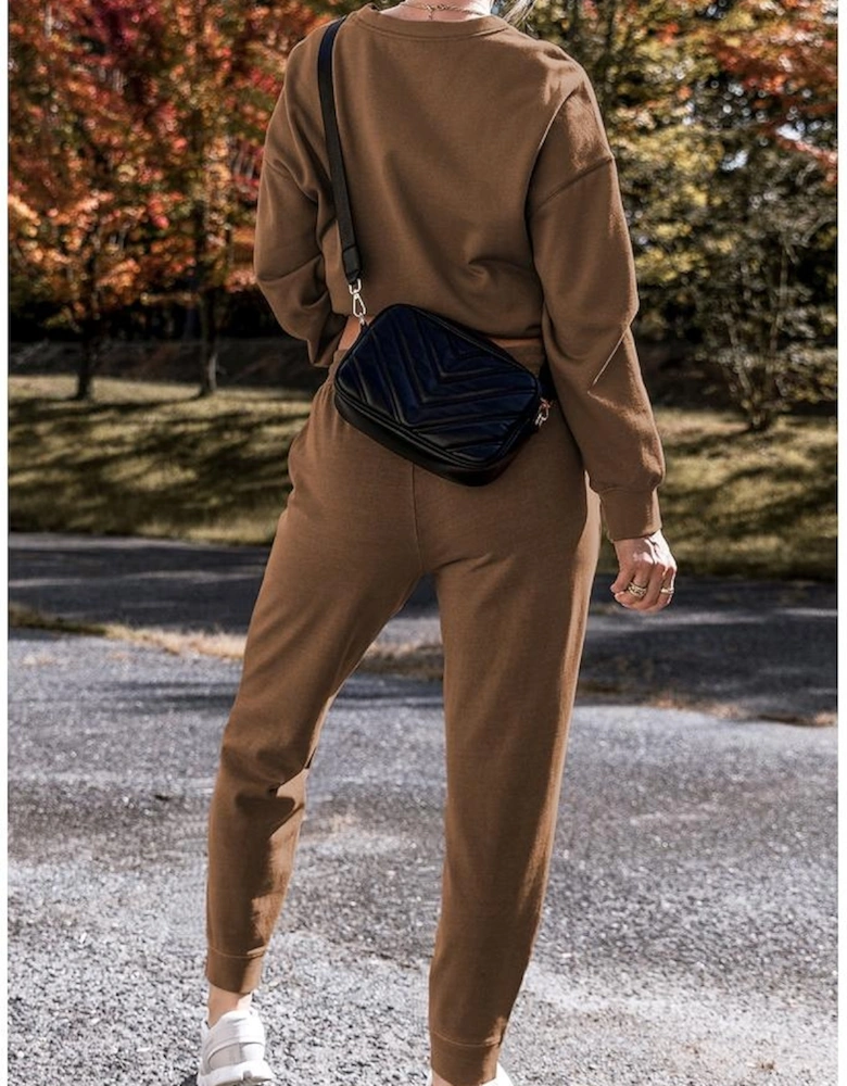 Coffee Solid Color High Low Pullover and Skinny Pants Set