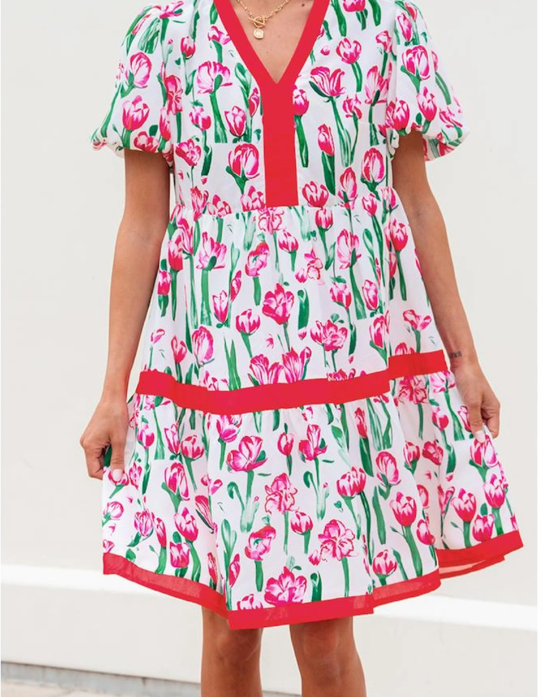 Pink Floral Print Contrast Trim V Neck Bubble Short Sleeve Babydoll Dress