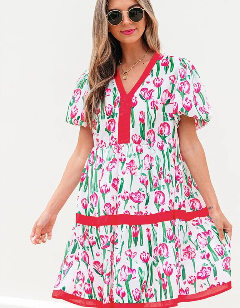 Pink Floral Print Contrast Trim V Neck Bubble Short Sleeve Babydoll Dress