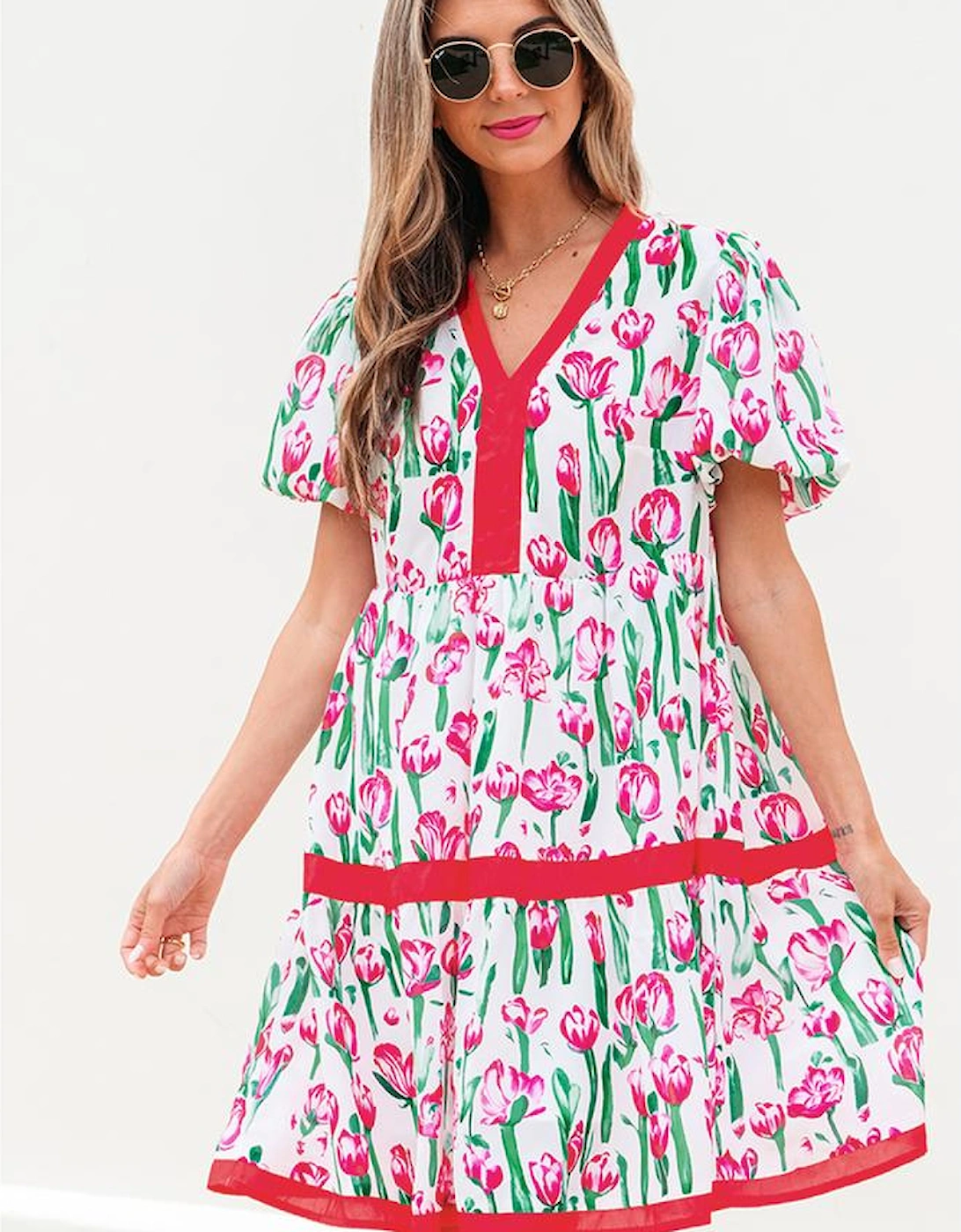 Pink Floral Print Contrast Trim V Neck Bubble Short Sleeve Babydoll Dress