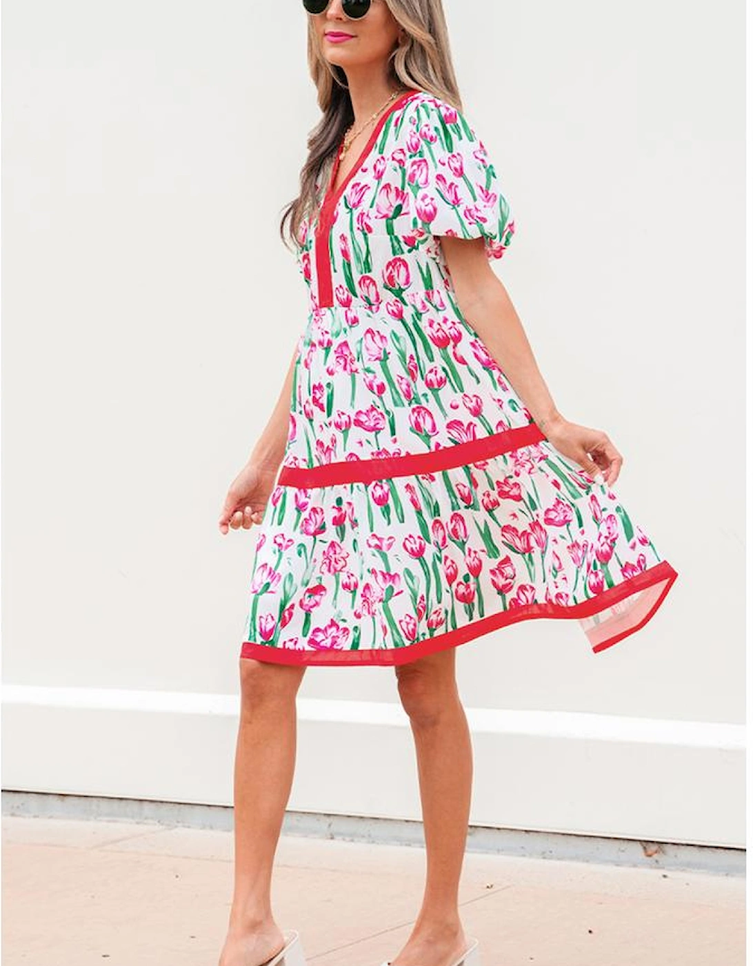 Pink Floral Print Contrast Trim V Neck Bubble Short Sleeve Babydoll Dress