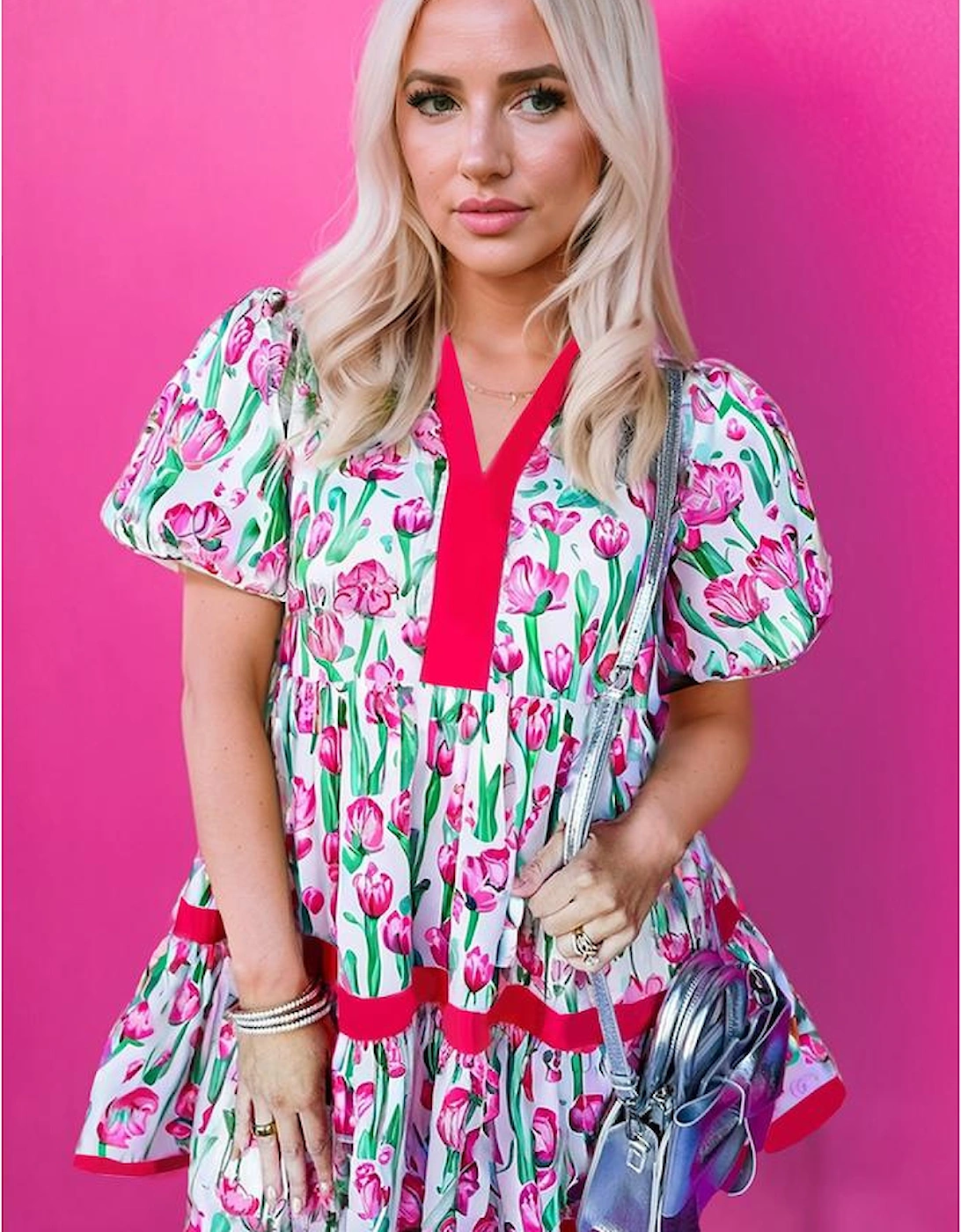 Pink Floral Print Contrast Trim V Neck Bubble Short Sleeve Babydoll Dress