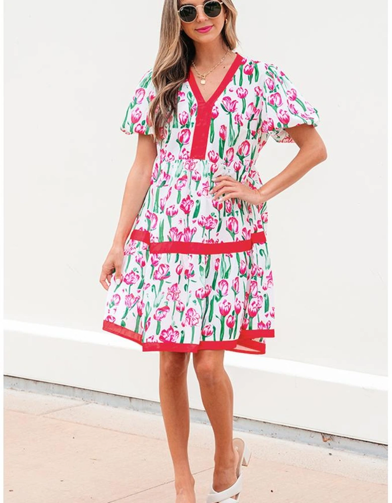 Pink Floral Print Contrast Trim V Neck Bubble Short Sleeve Babydoll Dress