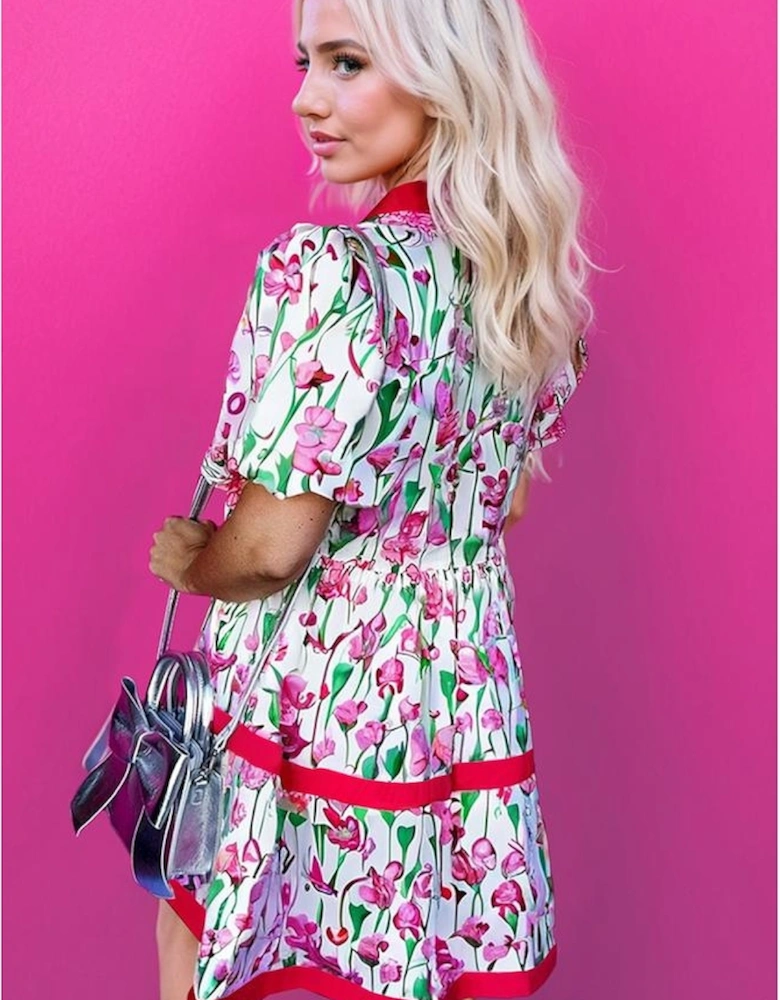 Pink Floral Print Contrast Trim V Neck Bubble Short Sleeve Babydoll Dress