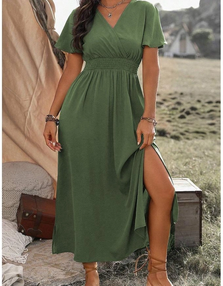Four Leaf Clover Surplice Neckline Shirred High Waist Plus Size Maxi Dress