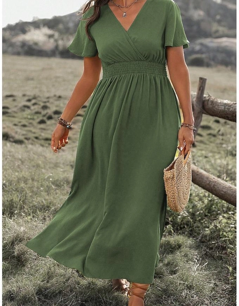 Four Leaf Clover Surplice Neckline Shirred High Waist Plus Size Maxi Dress