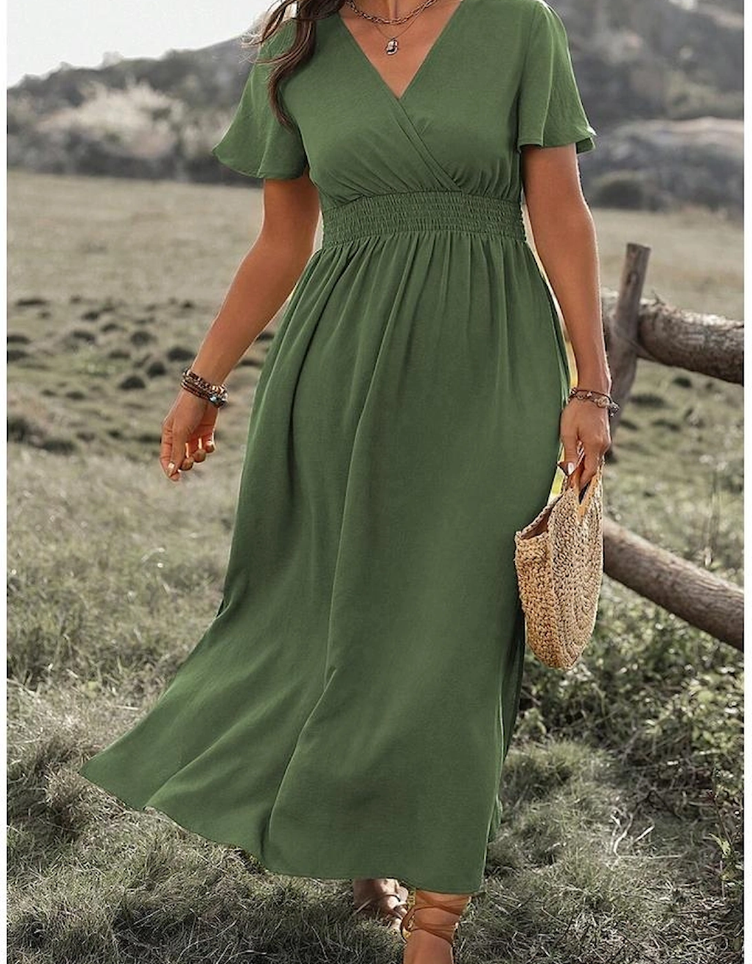 Four Leaf Clover Surplice Neckline Shirred High Waist Plus Size Maxi Dress