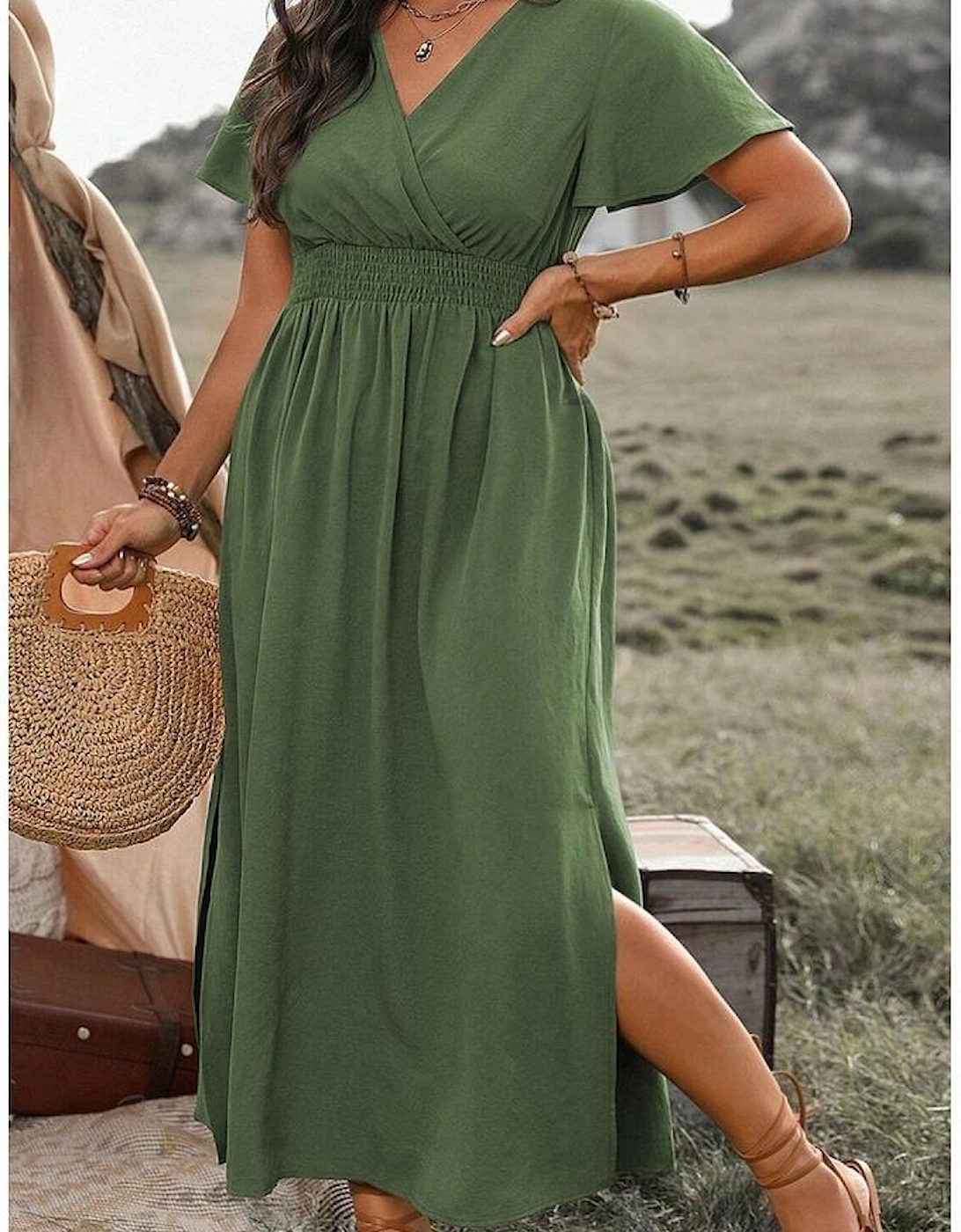 Four Leaf Clover Surplice Neckline Shirred High Waist Plus Size Maxi Dress