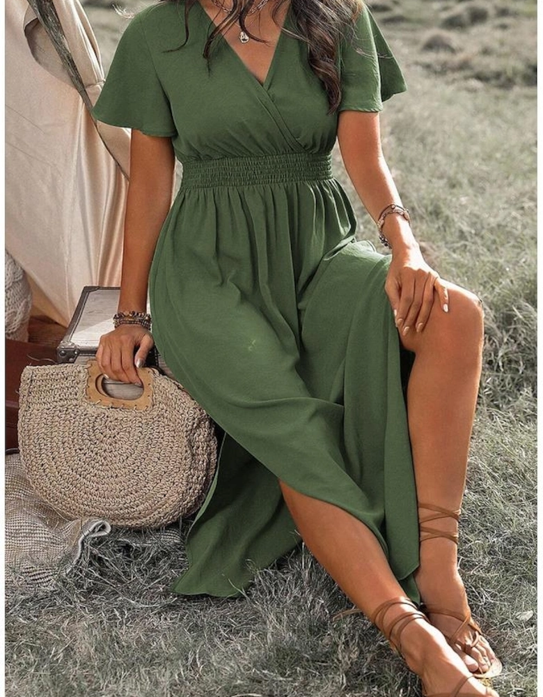 Four Leaf Clover Surplice Neckline Shirred High Waist Plus Size Maxi Dress